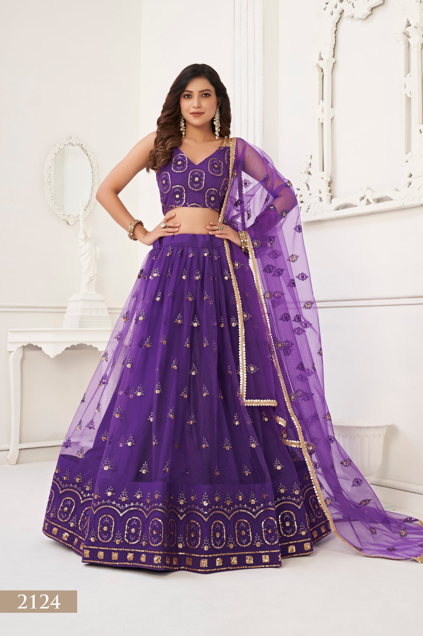 Purple colour net White Cotton Thread And Zari Sandwich Sequence Embroidery Work pretty lehenga choli