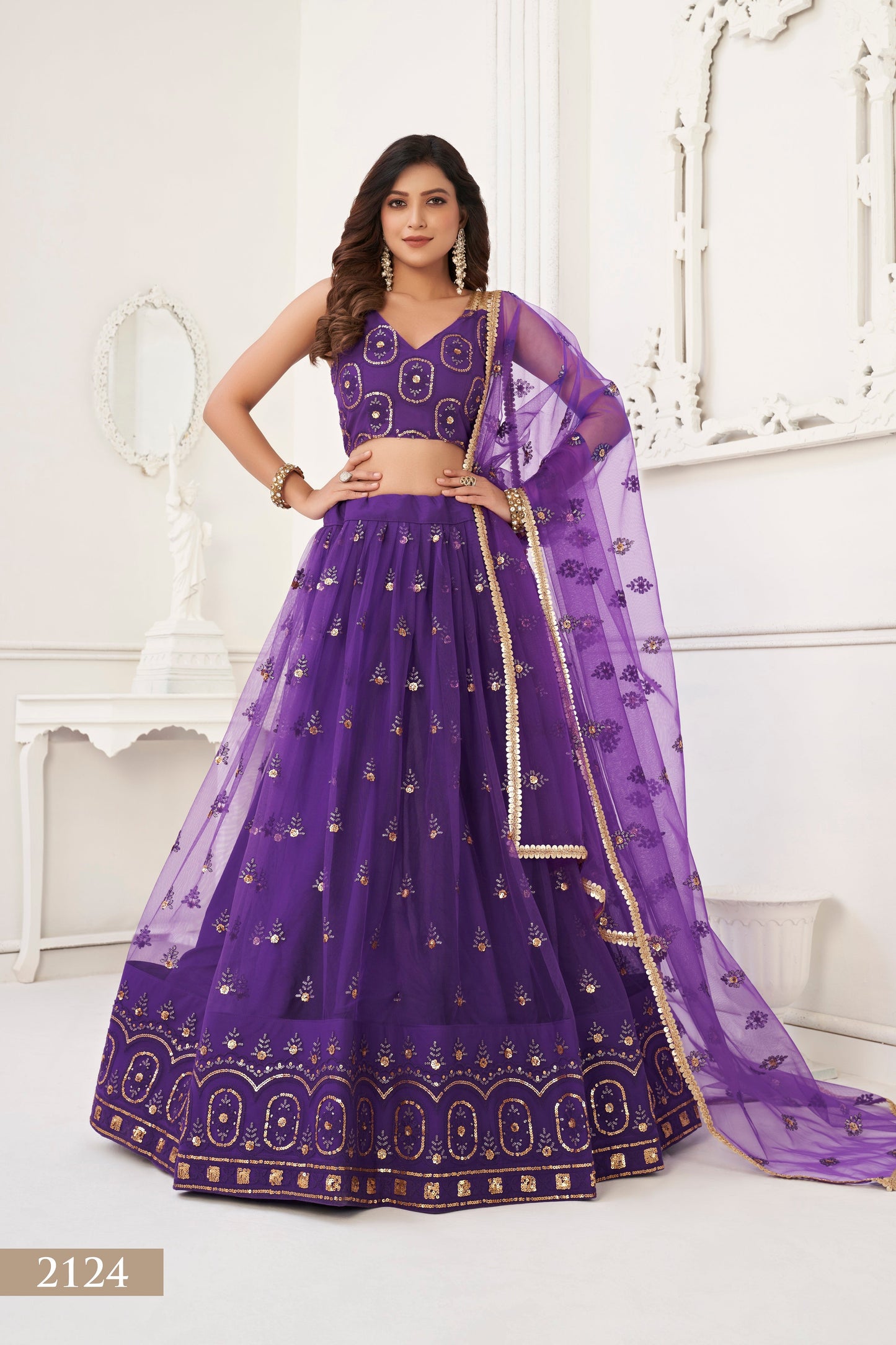 Purple colour net White Cotton Thread And Zari Sandwich Sequence Embroidery Work pretty lehenga choli