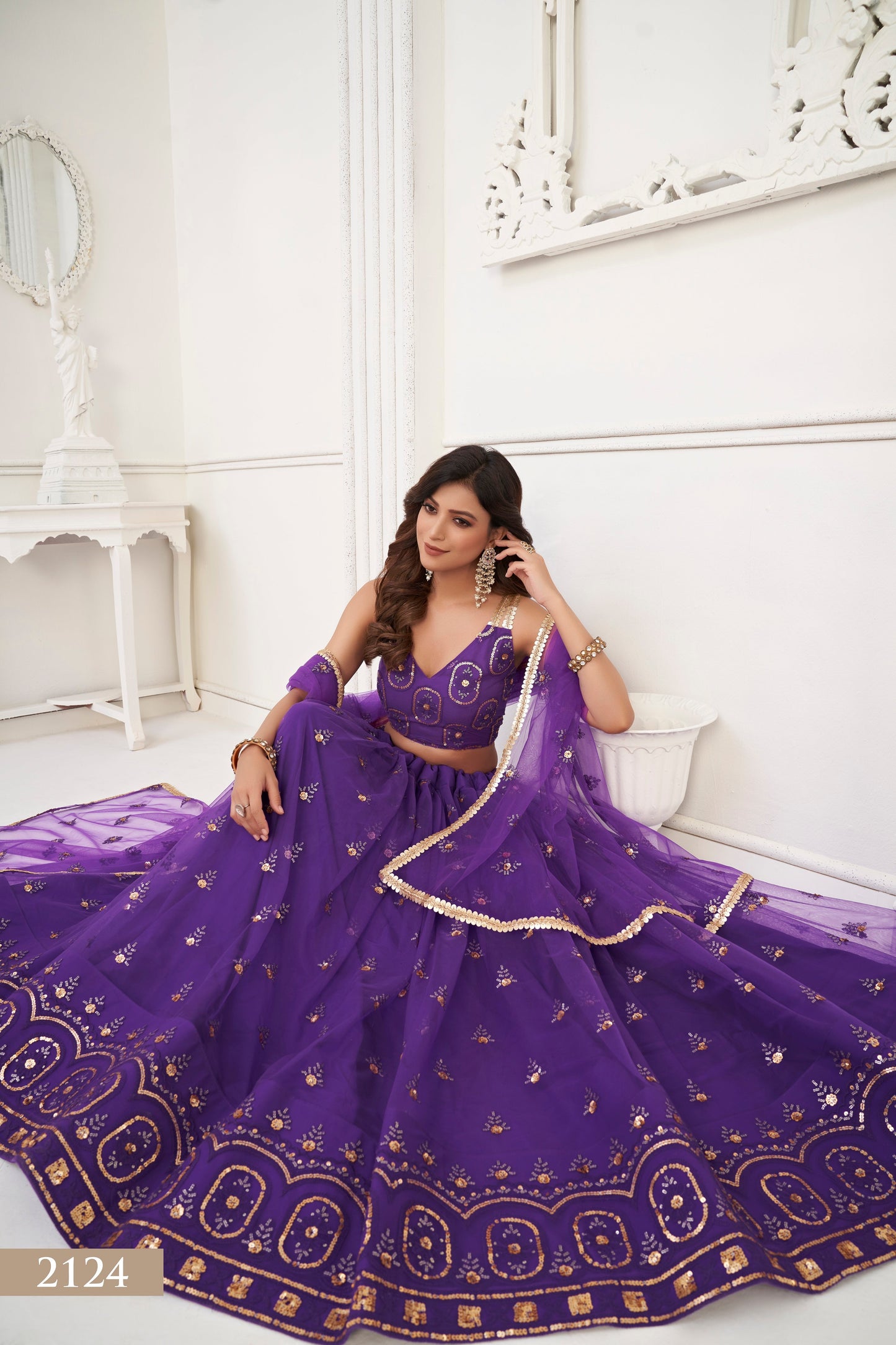 Purple colour net White Cotton Thread And Zari Sandwich Sequence Embroidery Work pretty lehenga choli