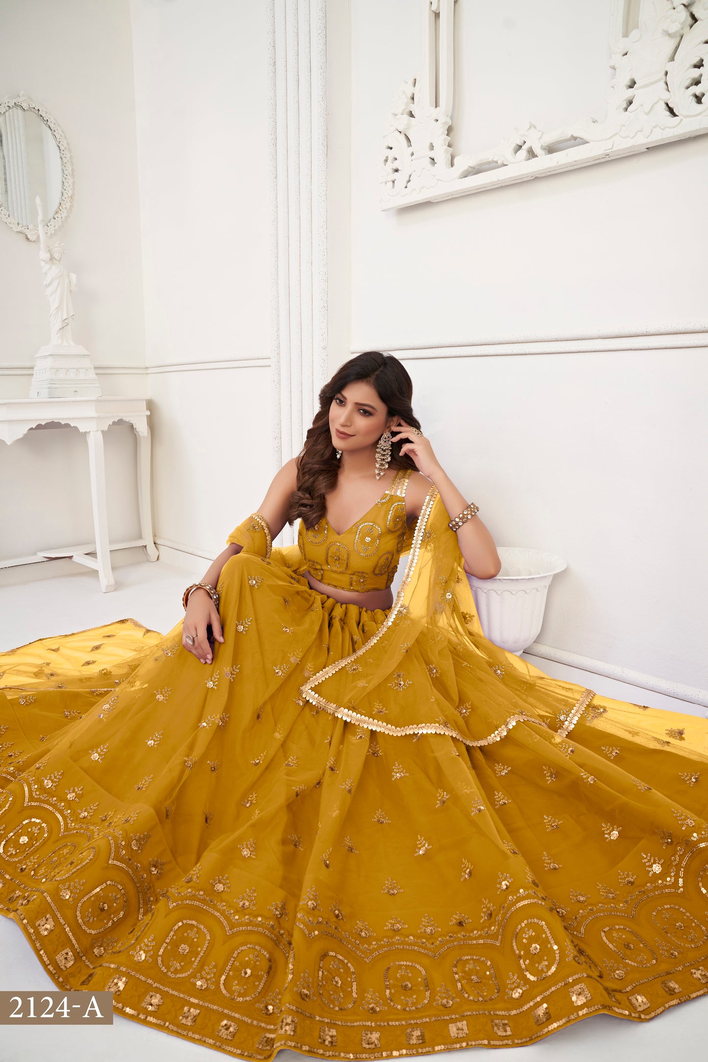 Mustard Yellow colour net White Cotton Thread And Zari Sandwich Sequence Embroidery Work pretty lehenga choli