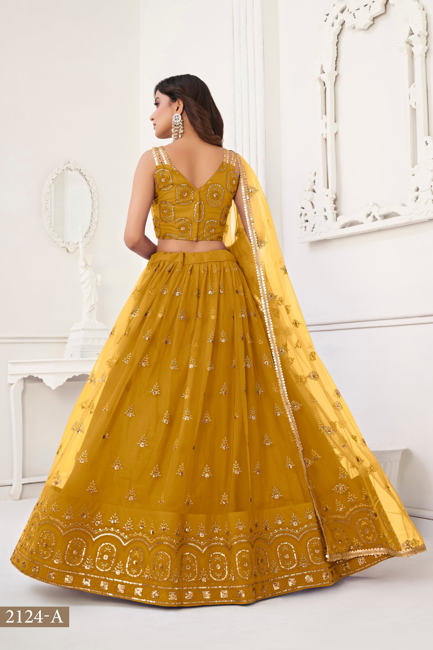 Mustard Yellow colour net White Cotton Thread And Zari Sandwich Sequence Embroidery Work pretty lehenga choli