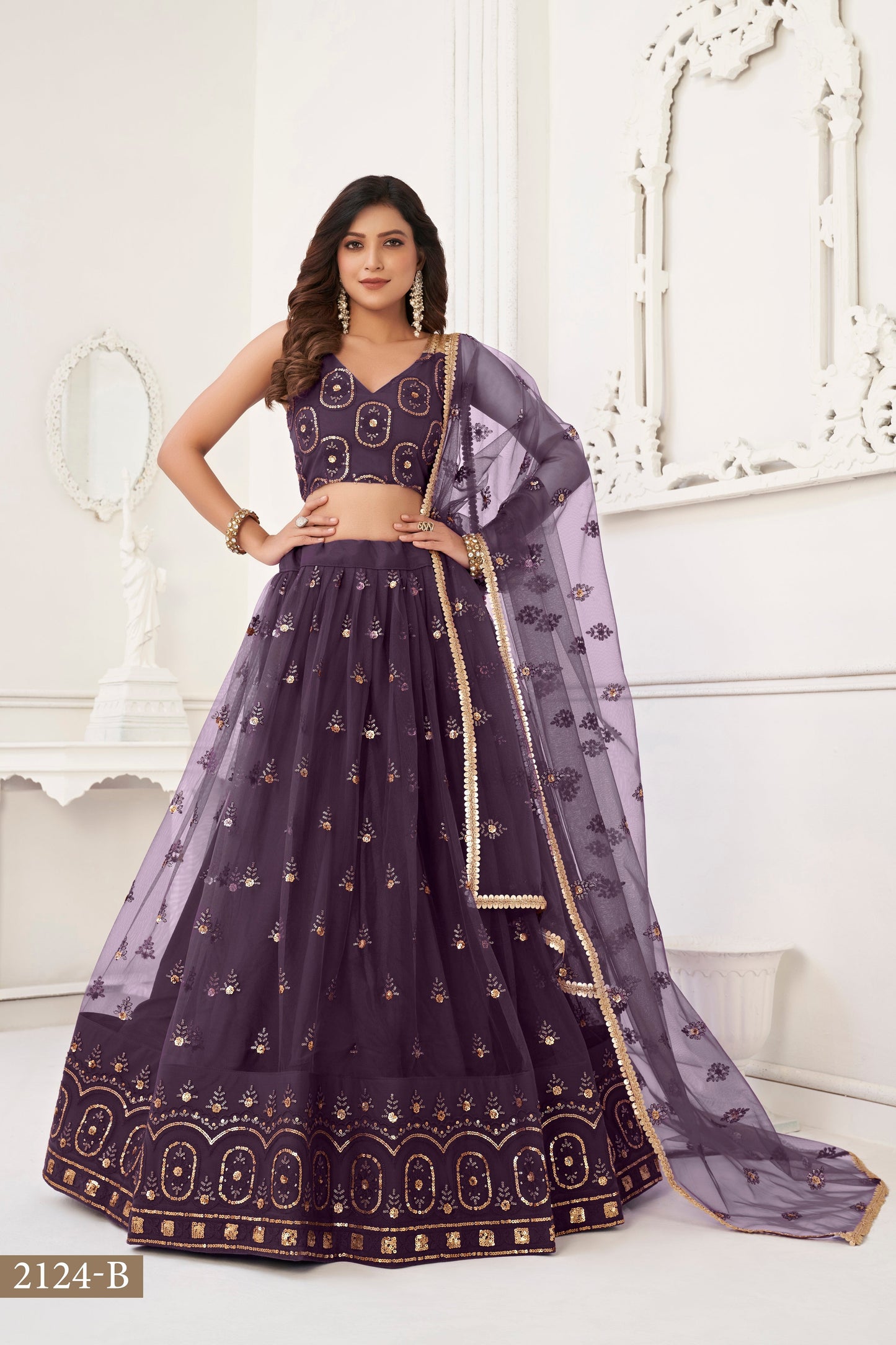 Wine colour net White Cotton Thread And Zari Sandwich Sequence Embroidery Work pretty lehenga choli