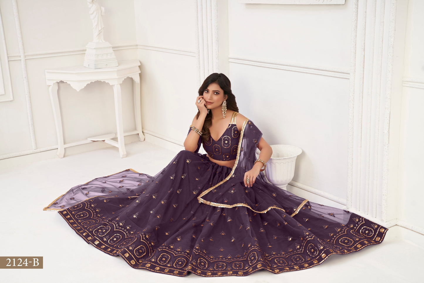 Wine colour net White Cotton Thread And Zari Sandwich Sequence Embroidery Work pretty lehenga choli