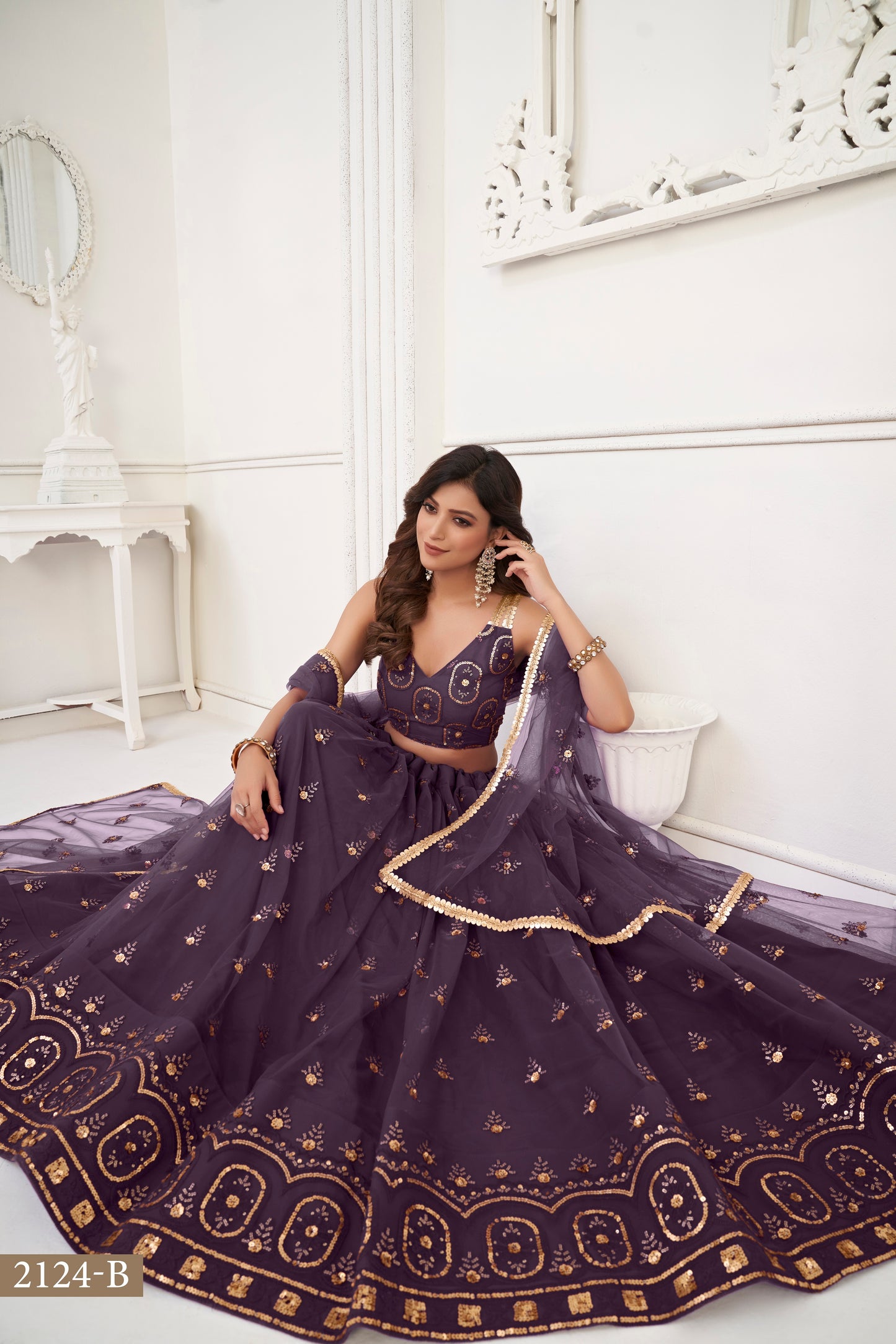 Wine colour net White Cotton Thread And Zari Sandwich Sequence Embroidery Work pretty lehenga choli