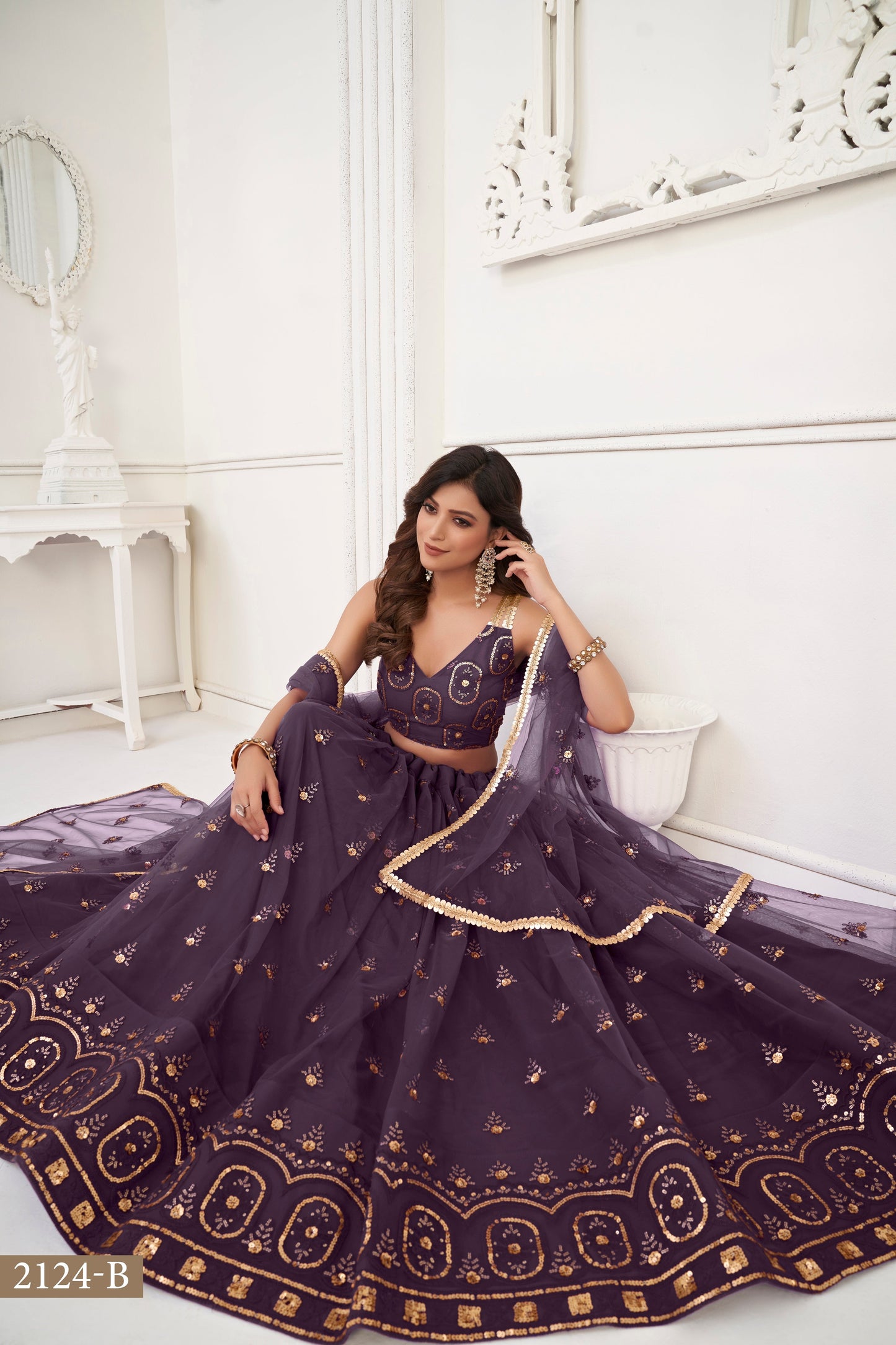 Wine colour net White Cotton Thread And Zari Sandwich Sequence Embroidery Work pretty lehenga choli