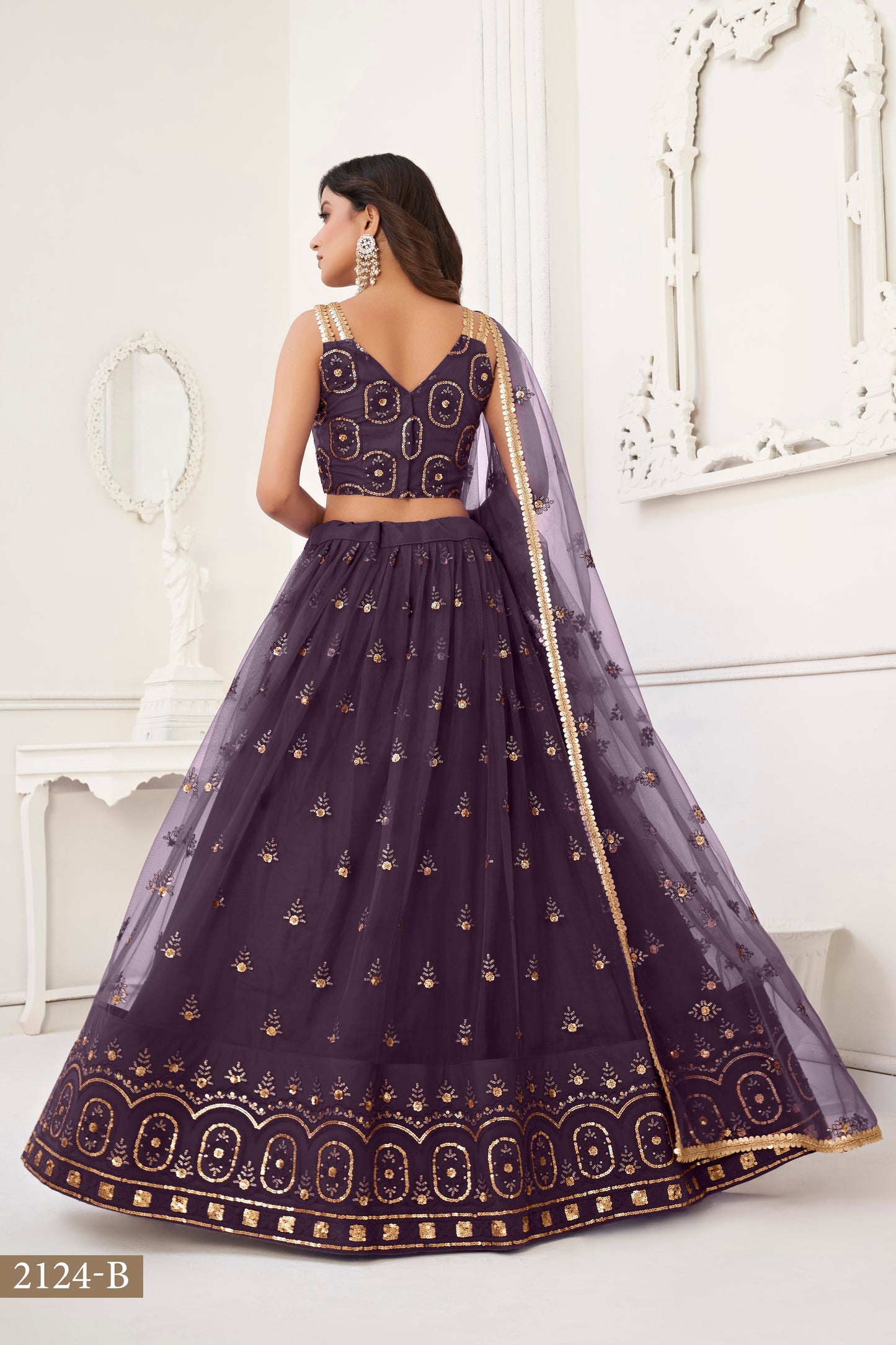 Wine colour net White Cotton Thread And Zari Sandwich Sequence Embroidery Work pretty lehenga choli