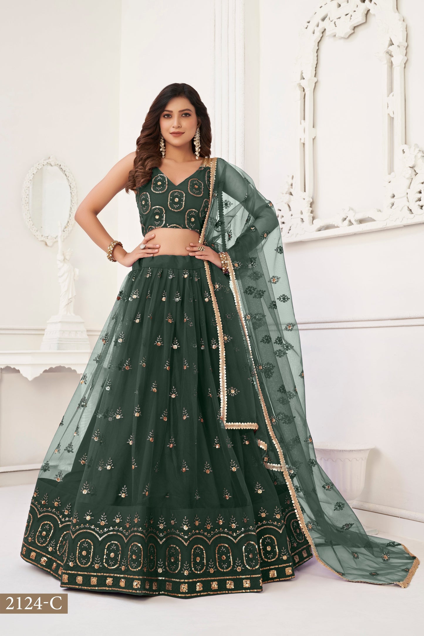 Green colour net White Cotton Thread And Zari Sandwich Sequence Embroidery Work pretty lehenga choli
