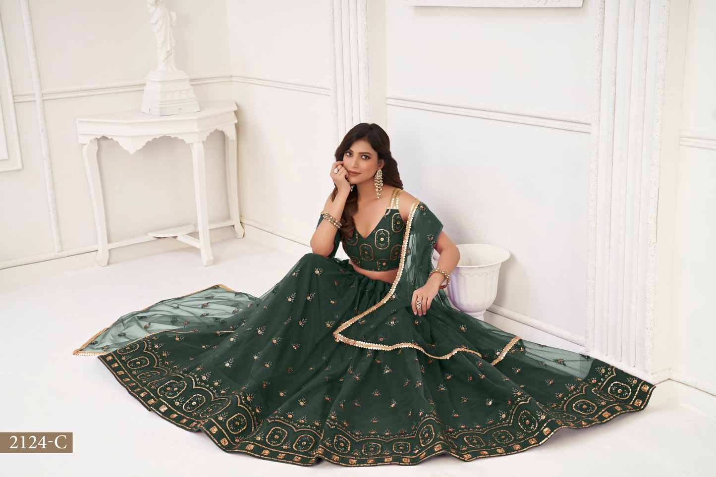 Green colour net White Cotton Thread And Zari Sandwich Sequence Embroidery Work pretty lehenga choli