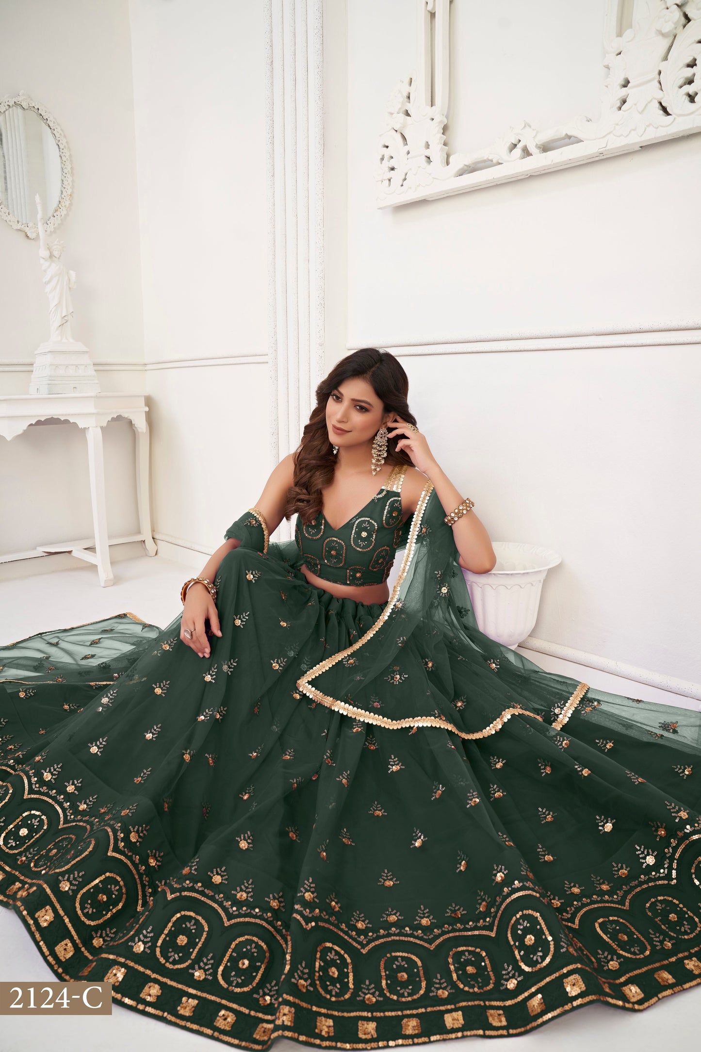 Green colour net White Cotton Thread And Zari Sandwich Sequence Embroidery Work pretty lehenga choli