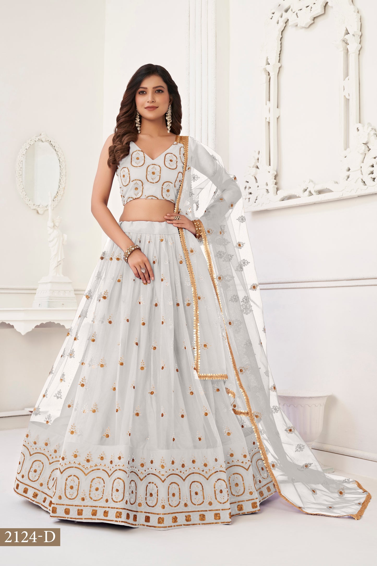 White colour net White Cotton Thread And Zari Sandwich Sequence Embroidery Work pretty lehenga choli