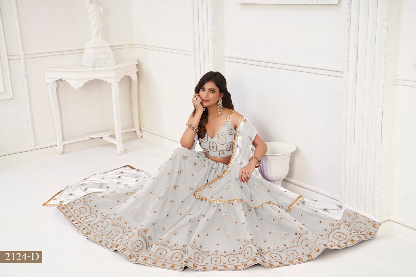White colour net White Cotton Thread And Zari Sandwich Sequence Embroidery Work pretty lehenga choli