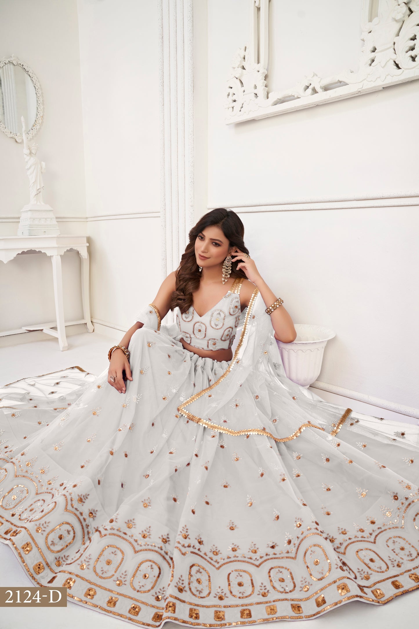 White colour net White Cotton Thread And Zari Sandwich Sequence Embroidery Work pretty lehenga choli