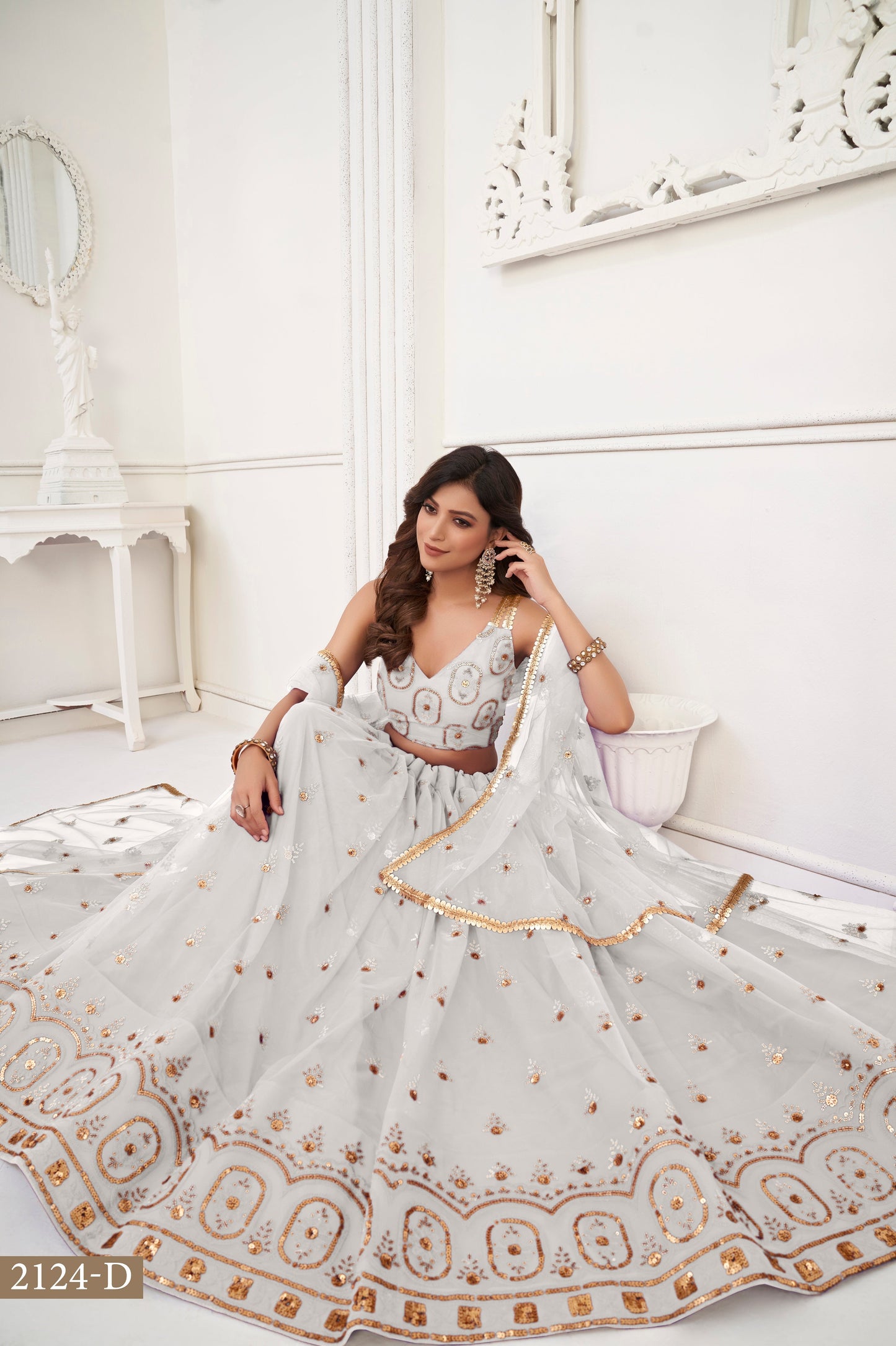 White colour net White Cotton Thread And Zari Sandwich Sequence Embroidery Work pretty lehenga choli