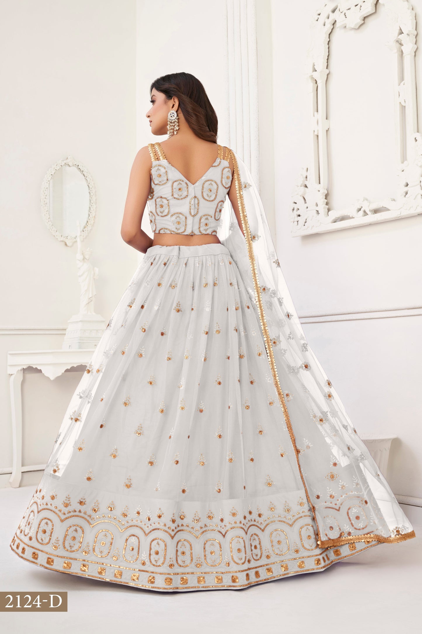 White colour net White Cotton Thread And Zari Sandwich Sequence Embroidery Work pretty lehenga choli