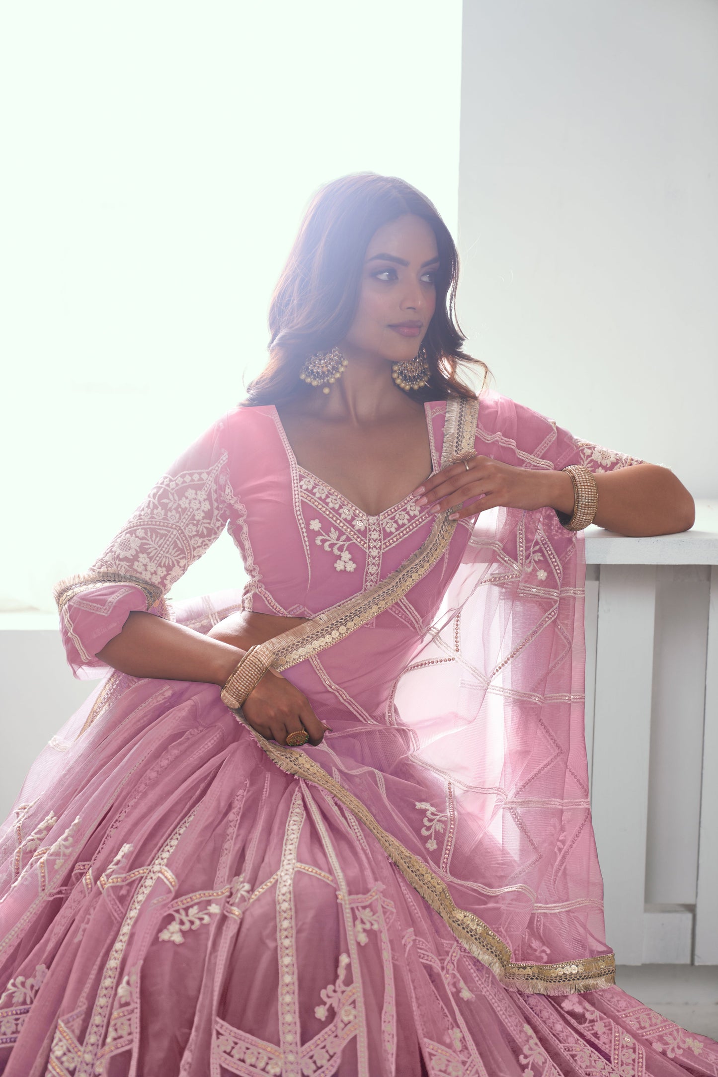 Pink Net Lehenga Choli With Sequence & Cotton Thread Work Embroidery Work
