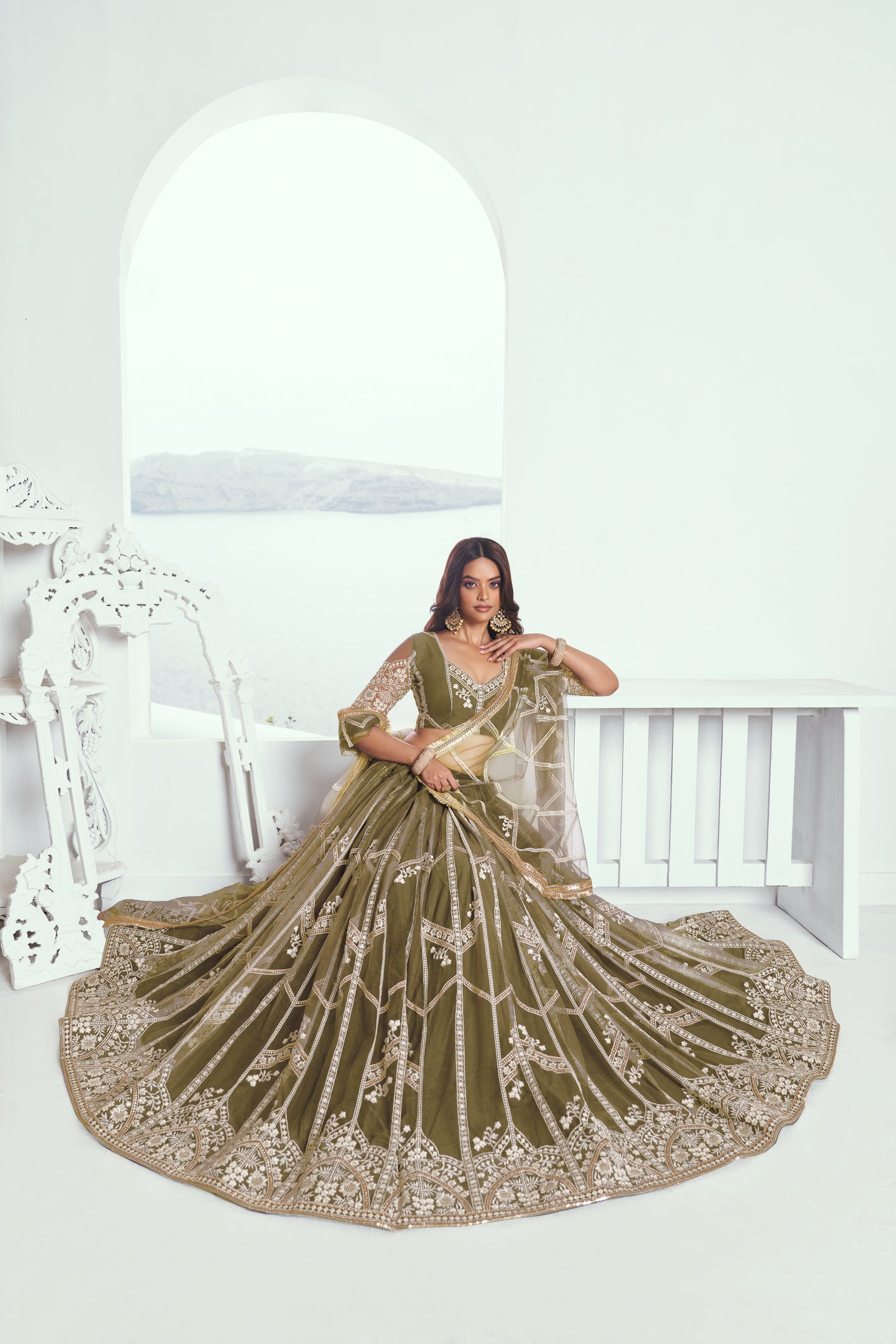Mehandi Green Net Lehenga Choli With Sequence & Cotton Thread Work Embroidery Work