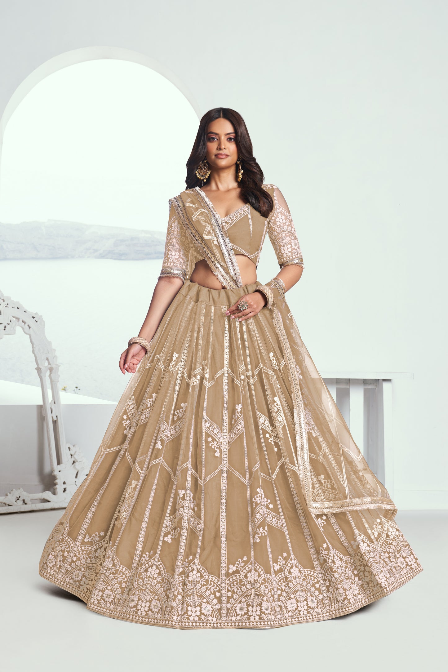 Beige(Chiqu) Net Lehenga Choli With Sequence & Cotton Thread Work Embroidery Work