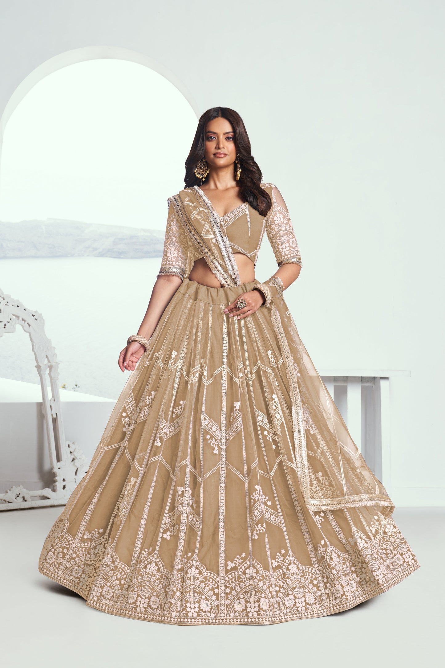 Beige(Chiqu) Net Lehenga Choli With Sequence & Cotton Thread Work Embroidery Work