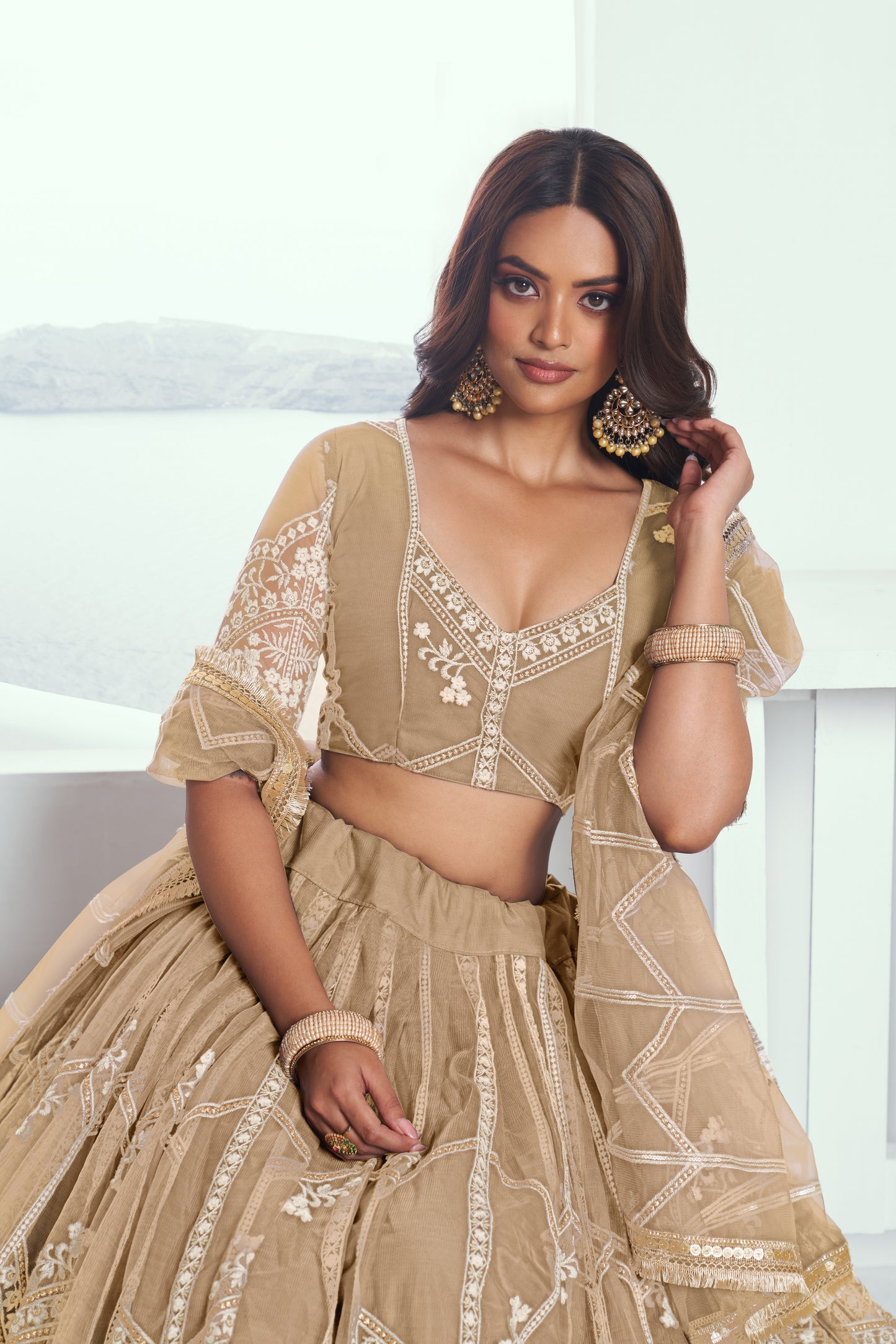 Beige(Chiqu) Net Lehenga Choli With Sequence & Cotton Thread Work Embroidery Work