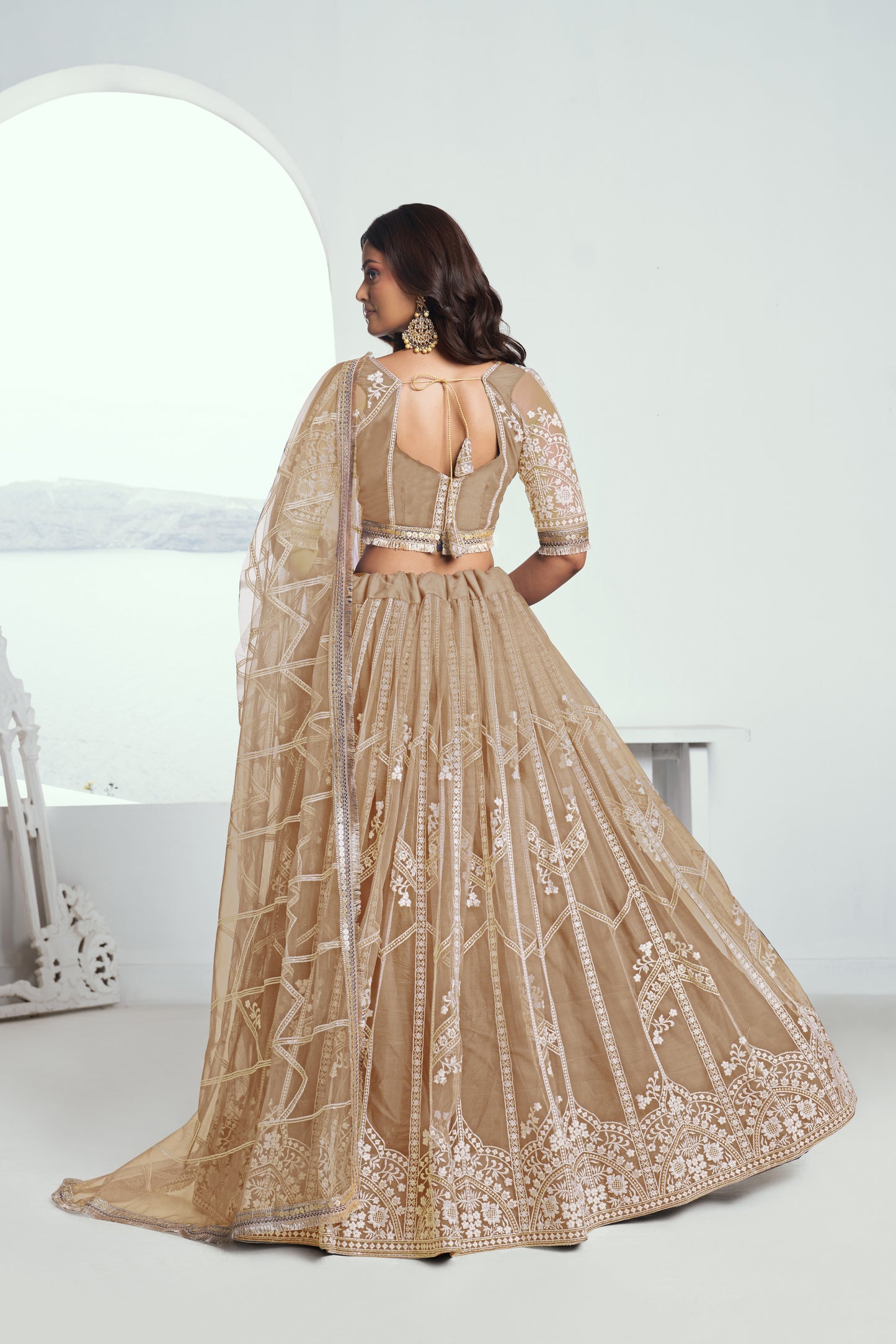 Beige(Chiqu) Net Lehenga Choli With Sequence & Cotton Thread Work Embroidery Work