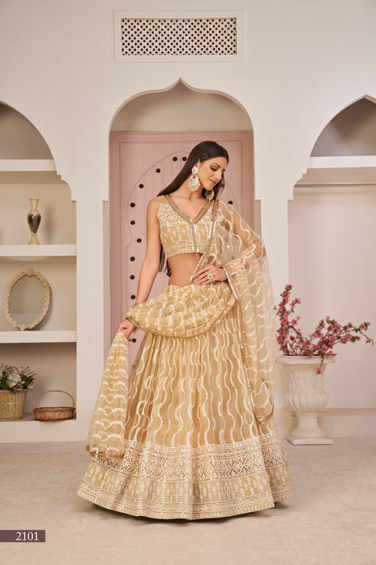 Beige Beautifull Net With Cotton Thread and Sequins Embroidery Work Party Lehenga Choli