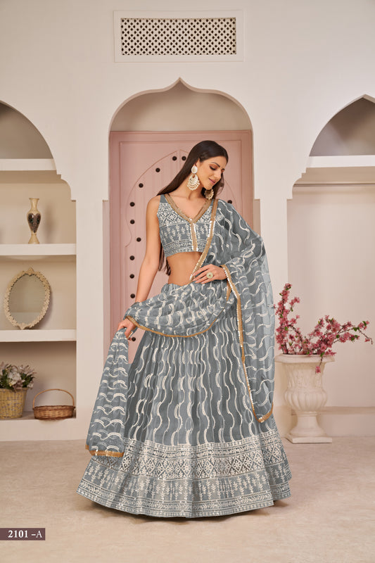 Grey Beautifull  Net With Cotton Thread and  Sequins Embroidery Work Party Lehenga Choli