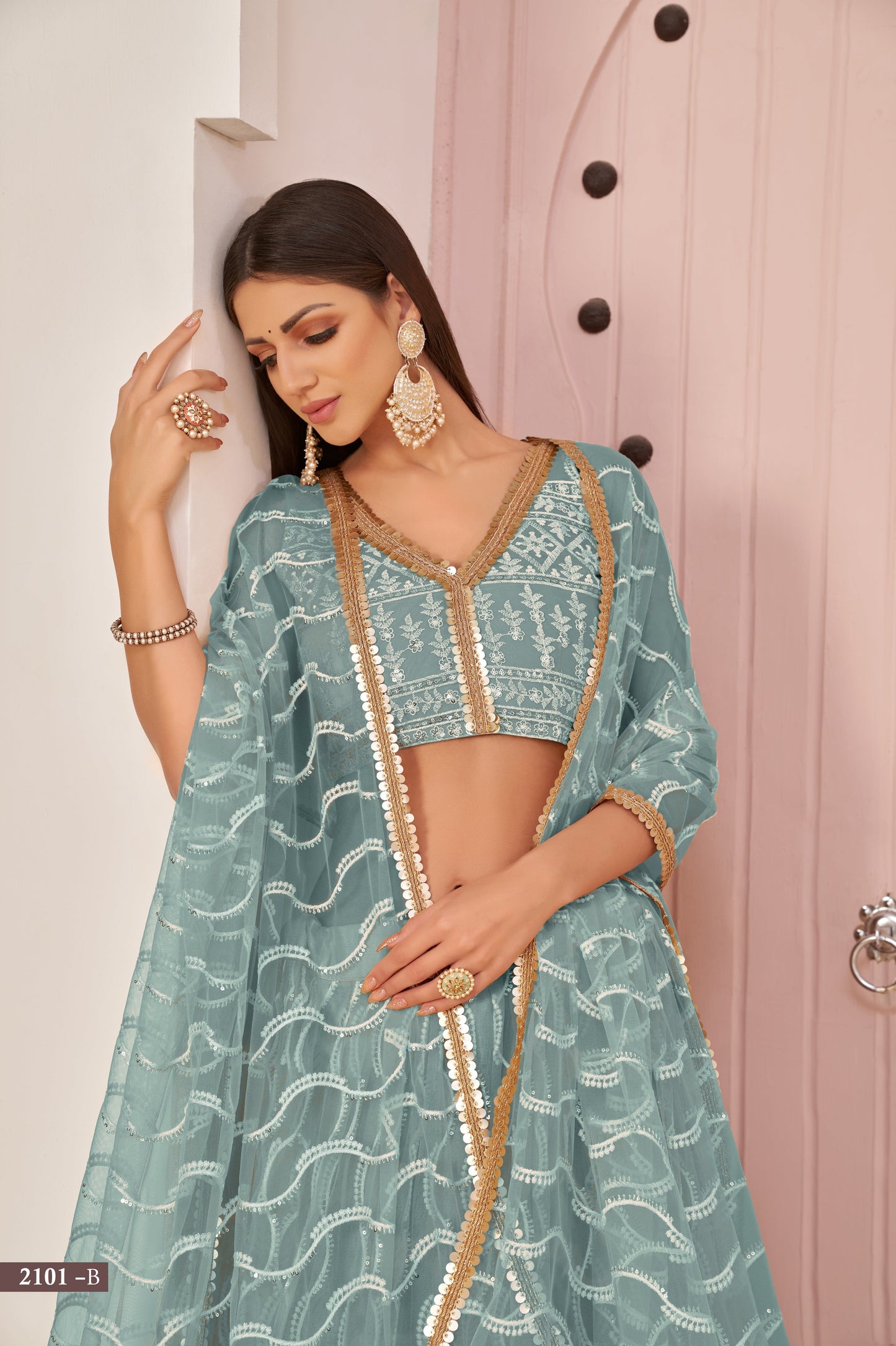 Oceanblue Beautifull Net With Cotton Thread and Sequins Embroidery Work Party Lehenga Choli