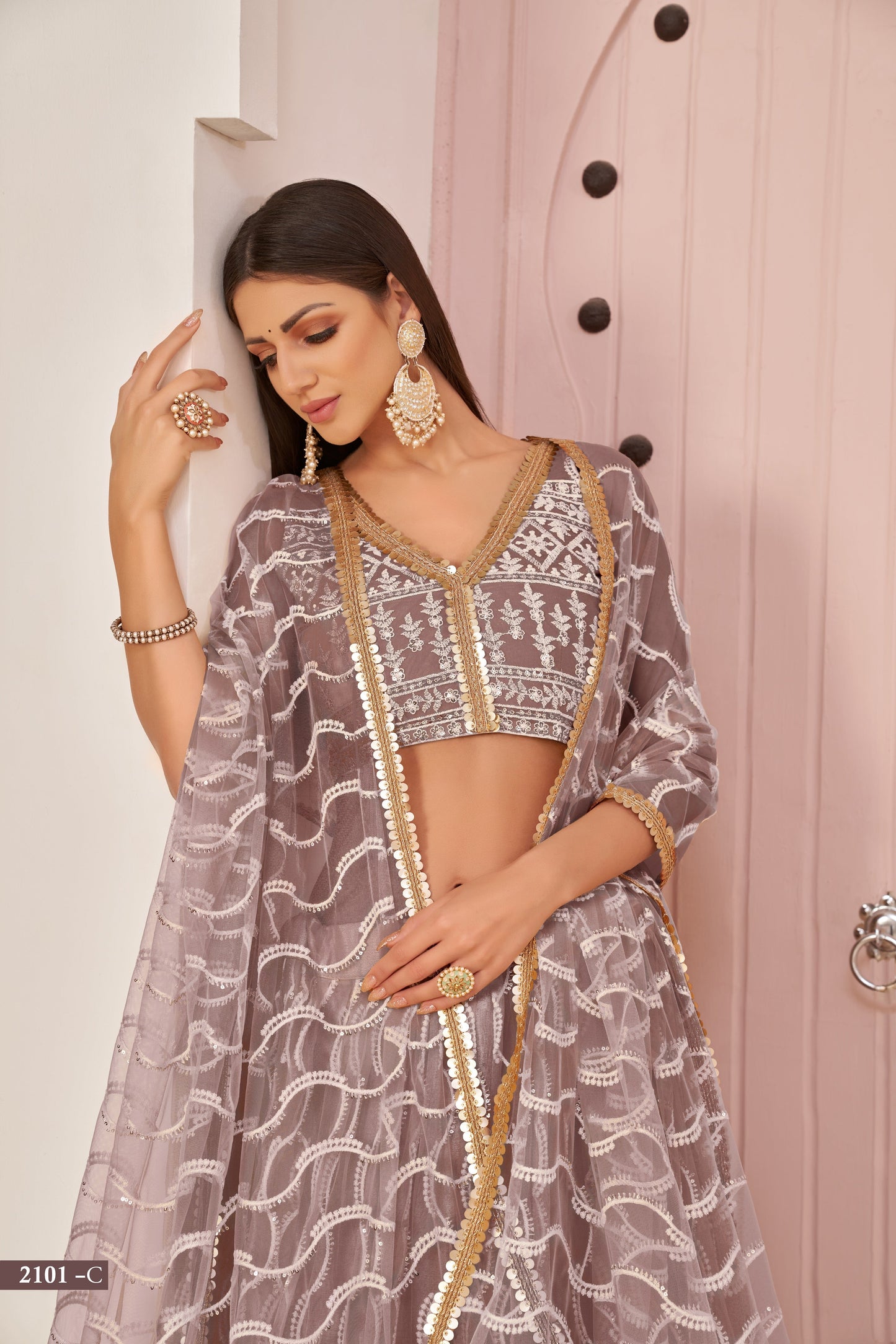 Onionpink Beautifull Net With Cotton Thread and Sequins Embroidery Work Party Lehenga Choli