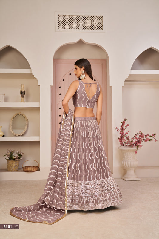 Onionpink Beautifull Net With Cotton Thread and Sequins Embroidery Work Party Lehenga Choli