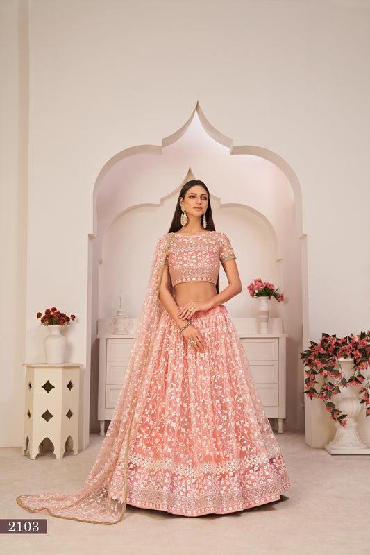 Light Pink Beautifull Net With Cotton Thread and Sequins Embroidery Work Party Lehenga Choli