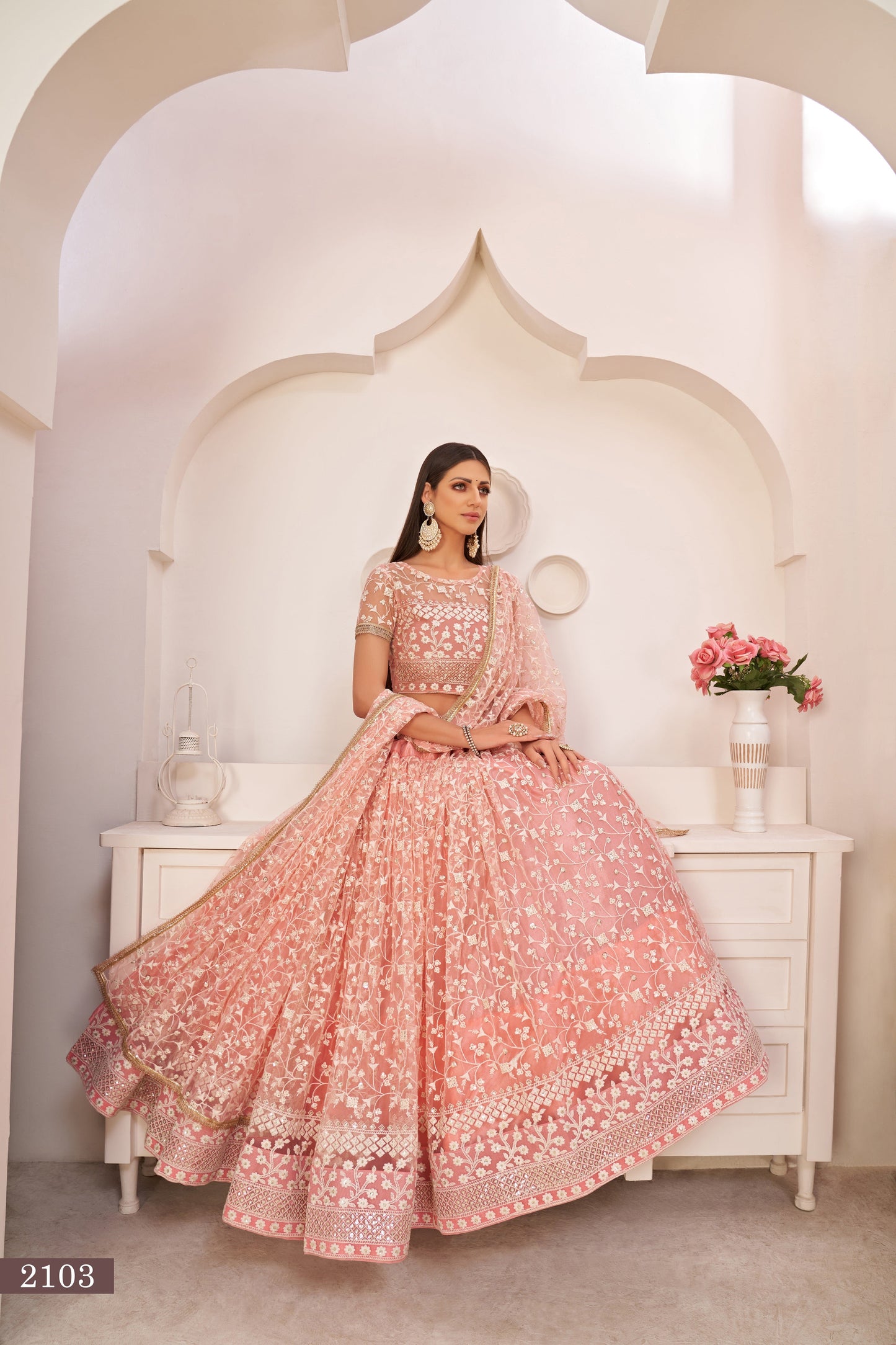Light Pink Beautifull Net With Cotton Thread and Sequins Embroidery Work Party Lehenga Choli