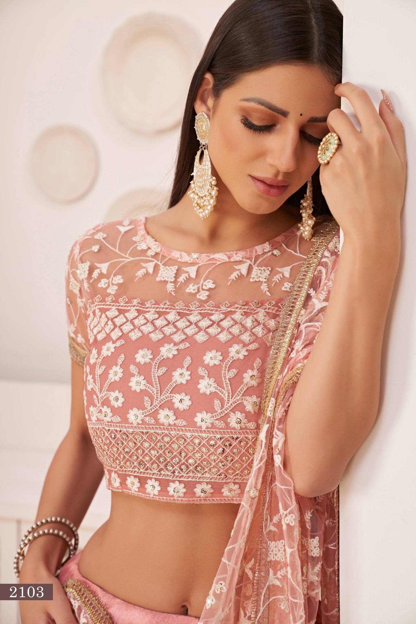 Light Pink Beautifull Net With Cotton Thread and Sequins Embroidery Work Party Lehenga Choli