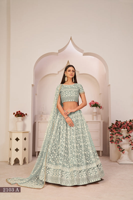 Green Beautifull Net With Cotton Thread and Sequins Embroidery Work Party Lehenga Choli