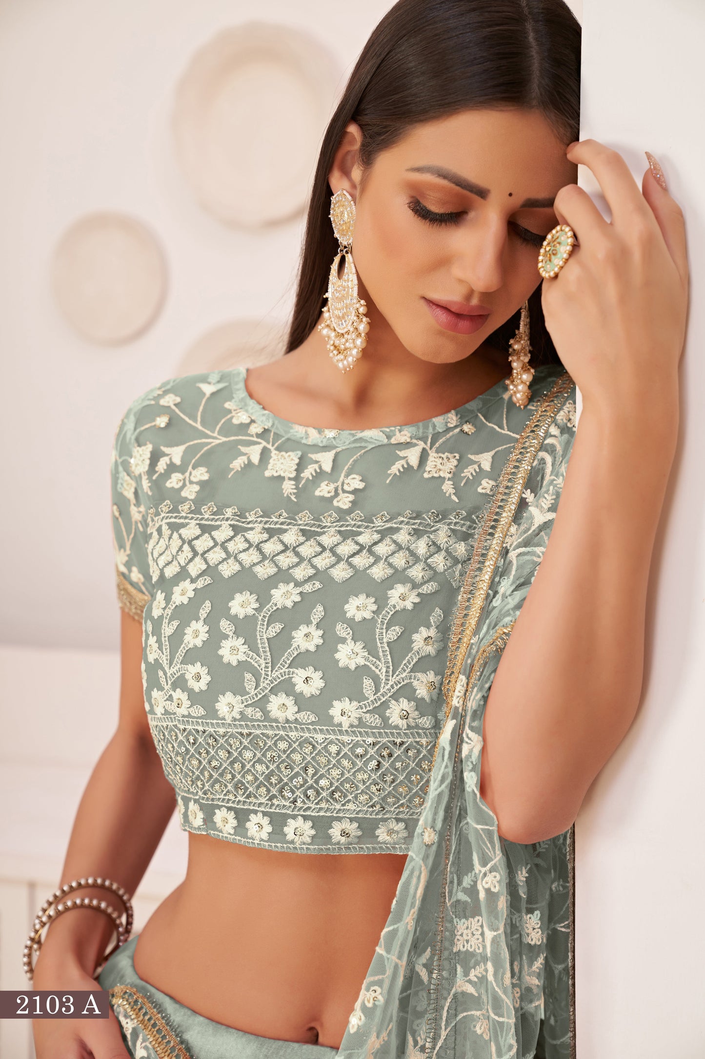 Green Beautifull Net With Cotton Thread and Sequins Embroidery Work Party Lehenga Choli