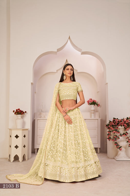 Lemonyellow Beautifull Net With Cotton Thread and Sequins Embroidery Work Party Lehenga Choli