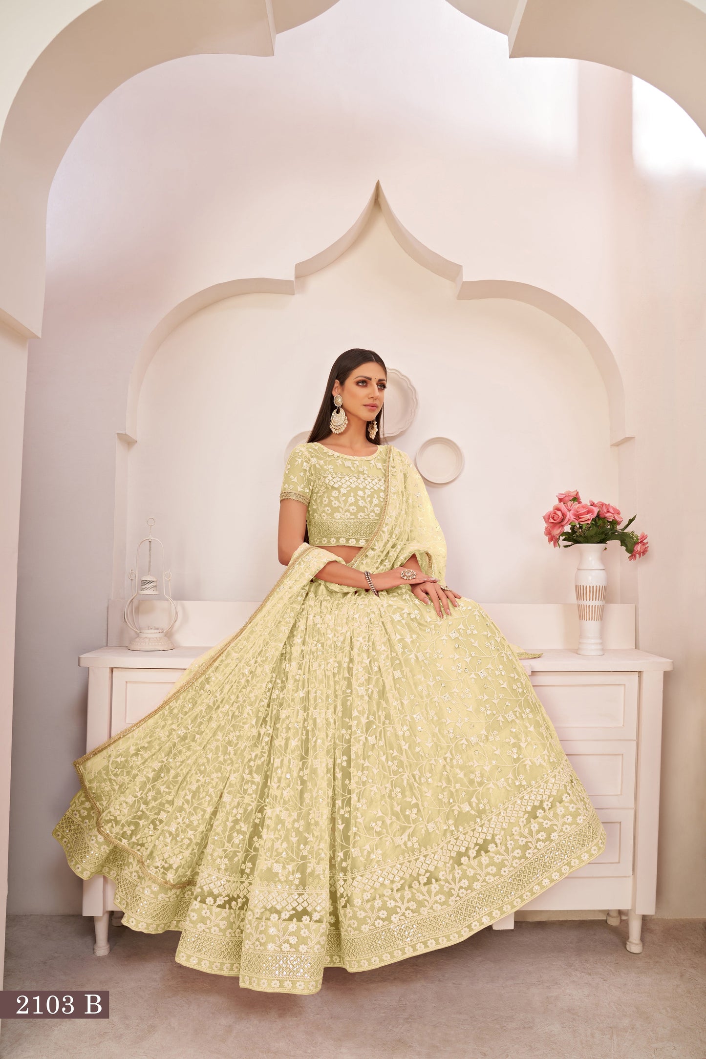 Lemonyellow Beautifull Net With Cotton Thread and Sequins Embroidery Work Party Lehenga Choli