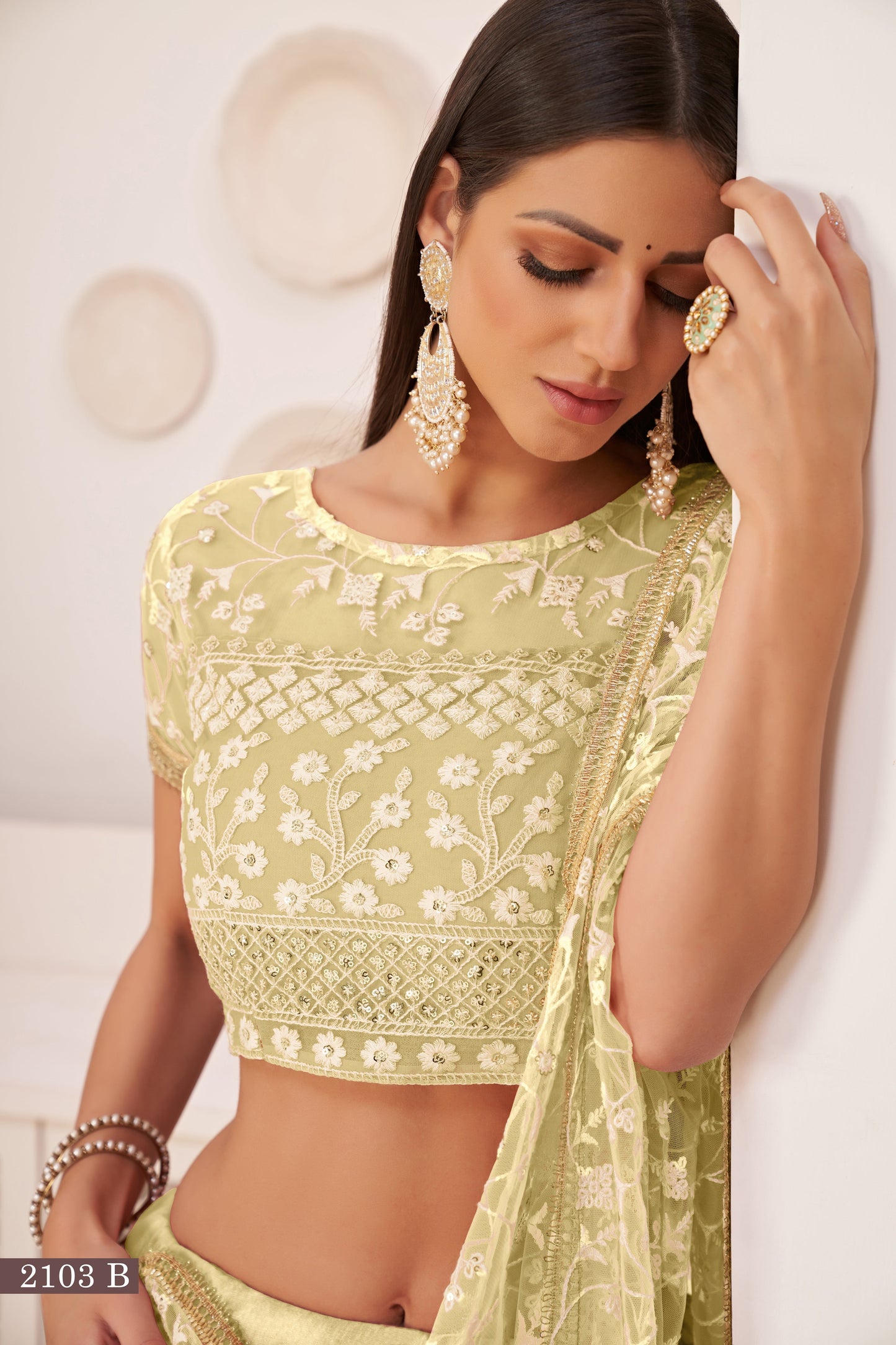 Lemonyellow Beautifull Net With Cotton Thread and Sequins Embroidery Work Party Lehenga Choli