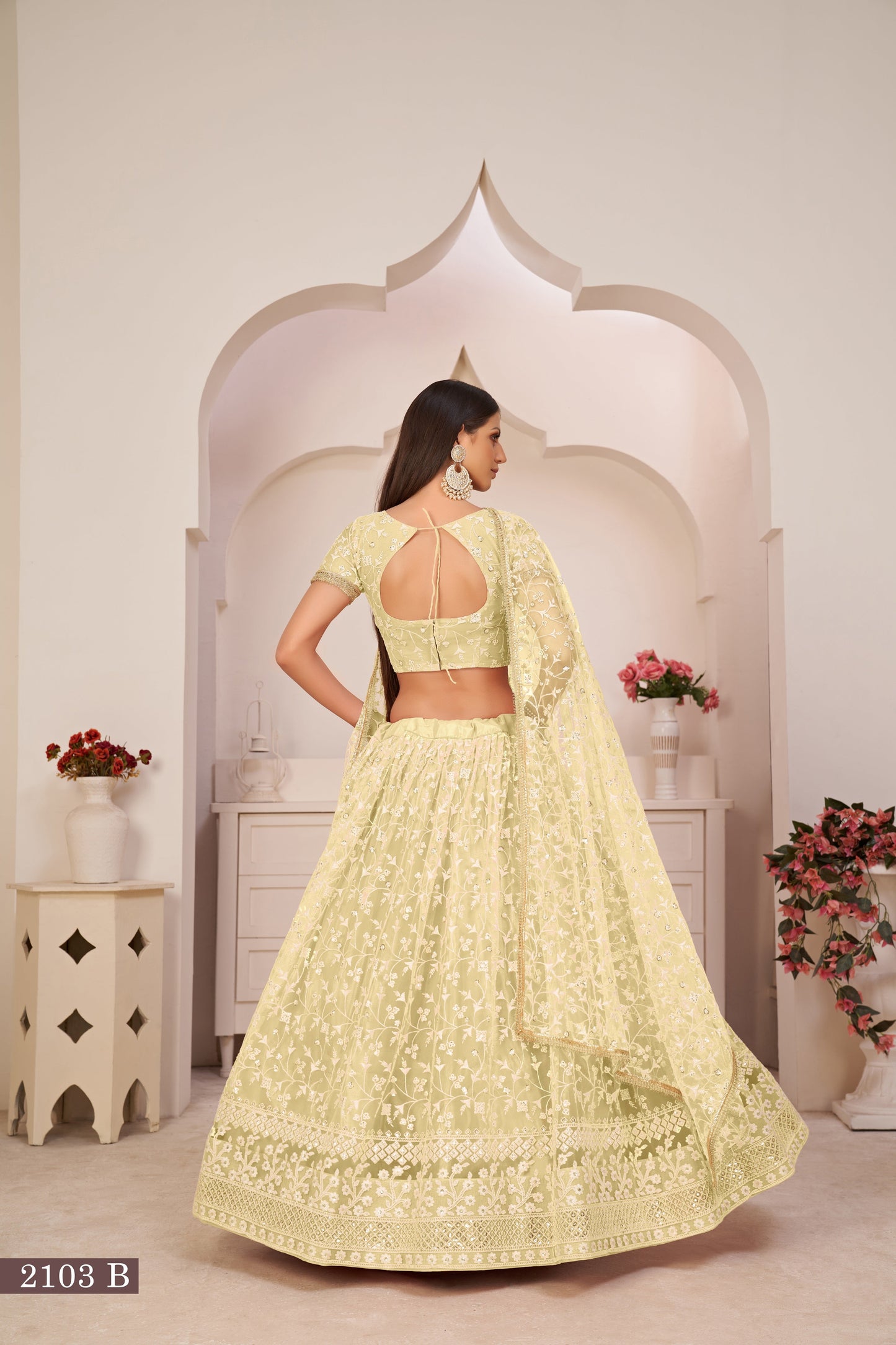 Lemonyellow Beautifull Net With Cotton Thread and Sequins Embroidery Work Party Lehenga Choli