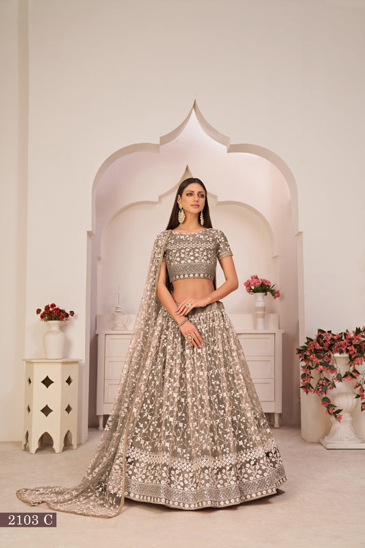 Brown Beautifull Net With Cotton Thread and Sequins Embroidery Work Party Lehenga Choli