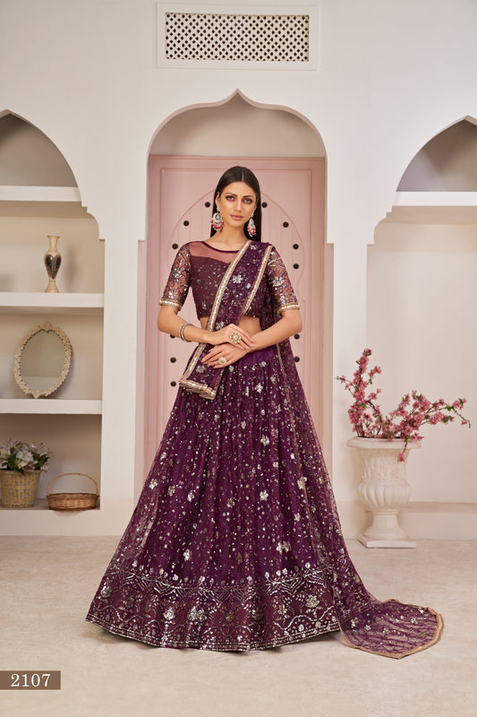 Wine Beautifull Net With Cotton Thread and Sequins Embroidery Work Party Lehenga Choli