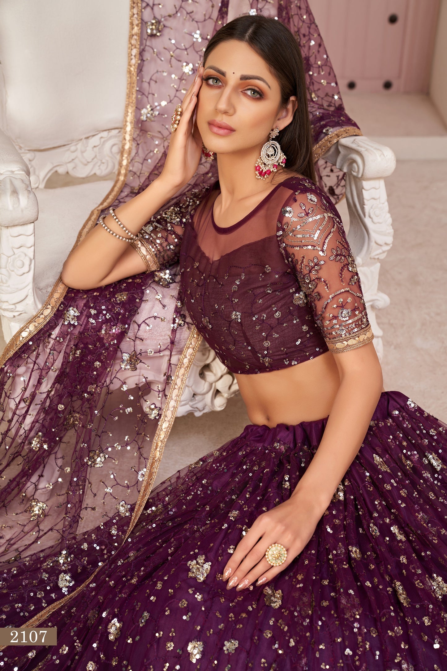 Wine Beautifull Net With Cotton Thread and Sequins Embroidery Work Party Lehenga Choli
