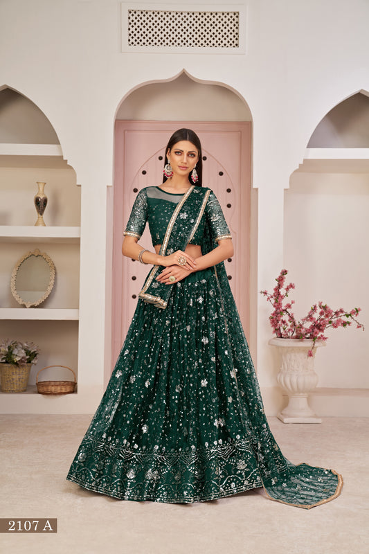 Dark Green net Embroidered With Thread and Sequins A Line Wedding Lehenga Choli