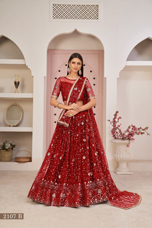 Red net Embroidered With Thread and Sequins A Line Wedding Lehenga Choli