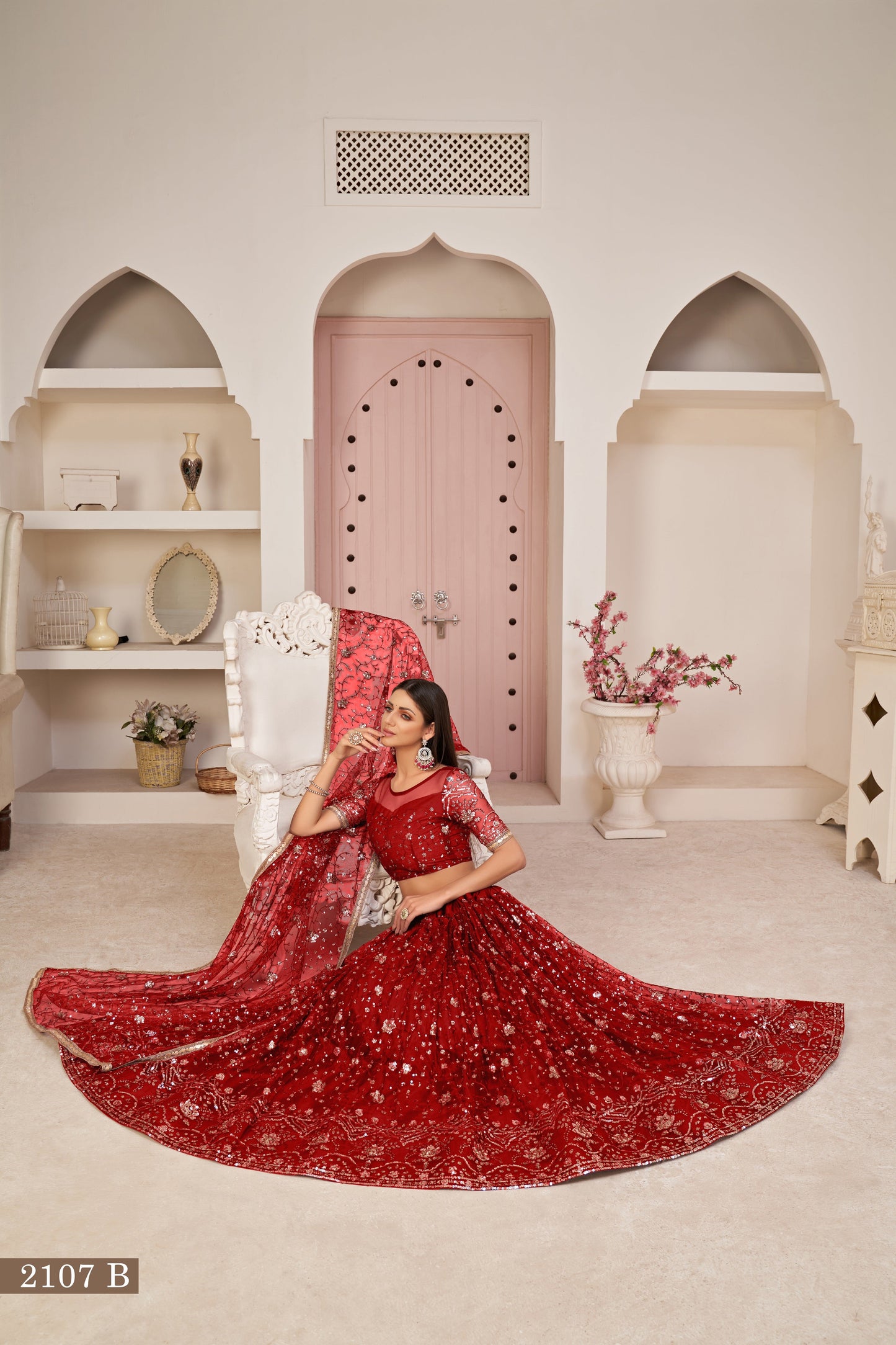 Red net Embroidered With Thread and Sequins A Line Wedding Lehenga Choli
