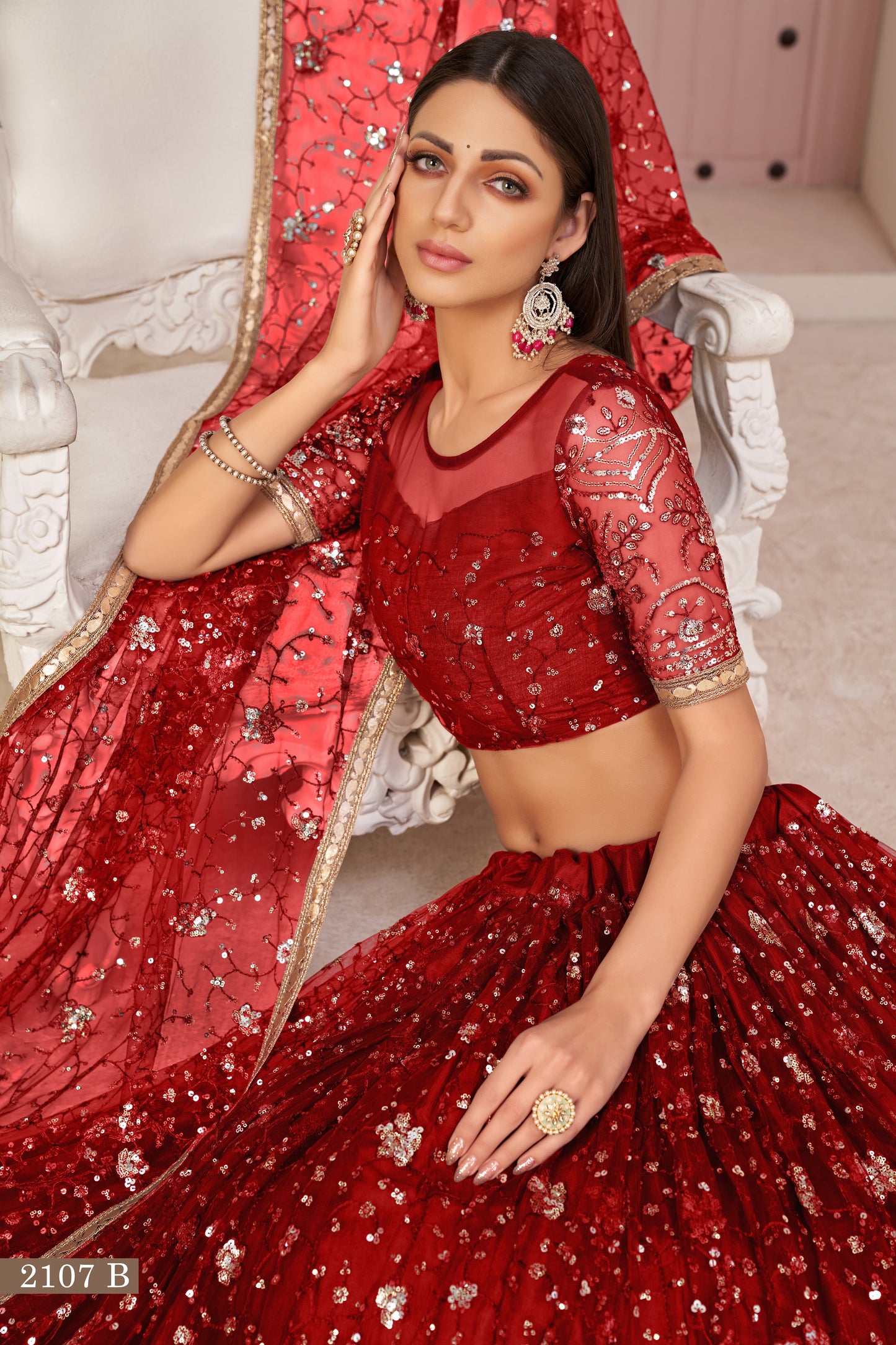 Red net Embroidered With Thread and Sequins A Line Wedding Lehenga Choli