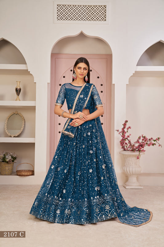 Blue Beautifull Net With Cotton Thread and Sequins Embroidery Work Party Lehenga Choli