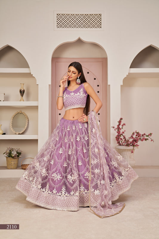 Lavender Women Embroidered A Line  Flared Lehenga Choli Set with Dupatta