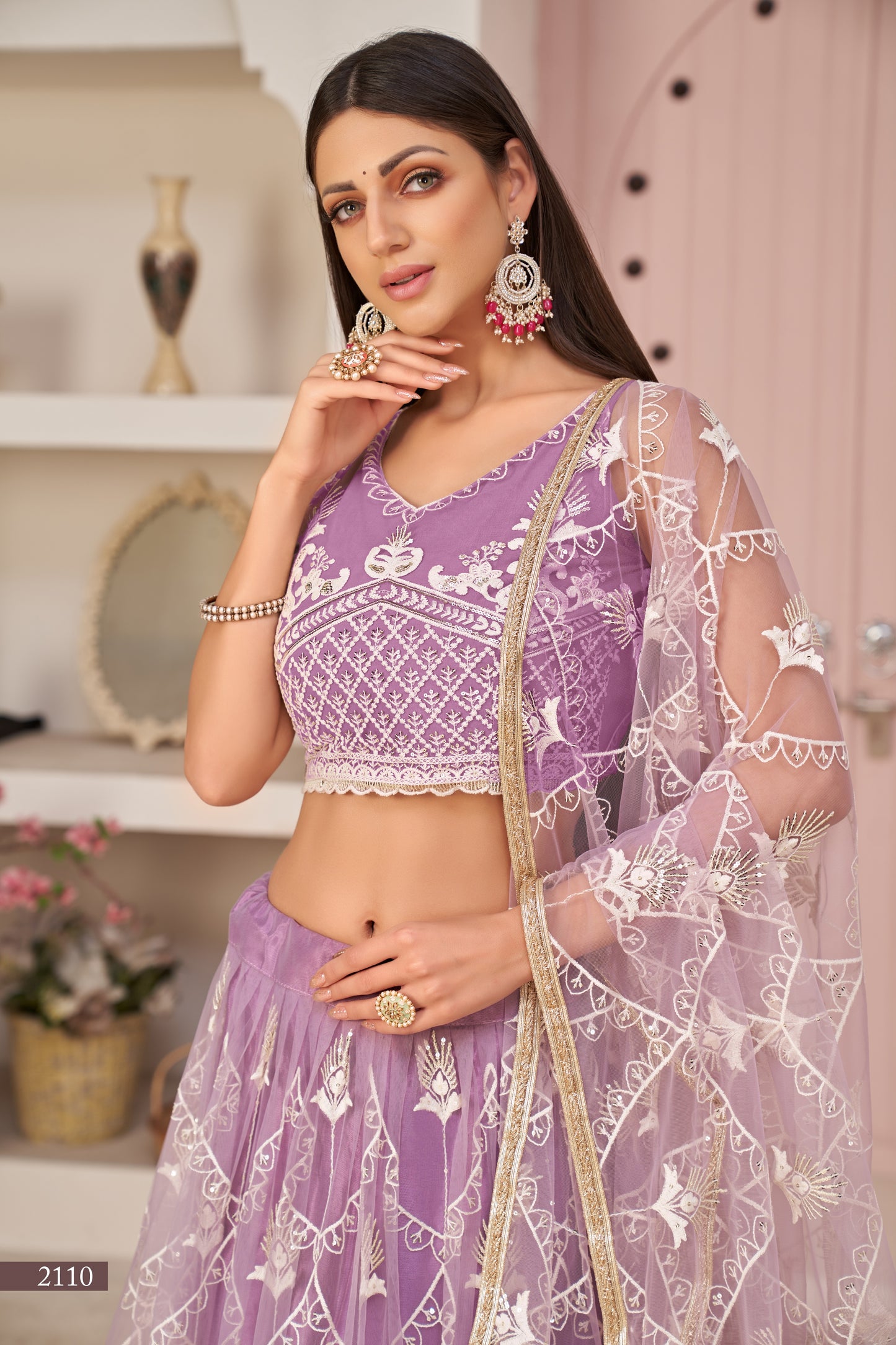 Lavender Women Embroidered A Line  Flared Lehenga Choli Set with Dupatta