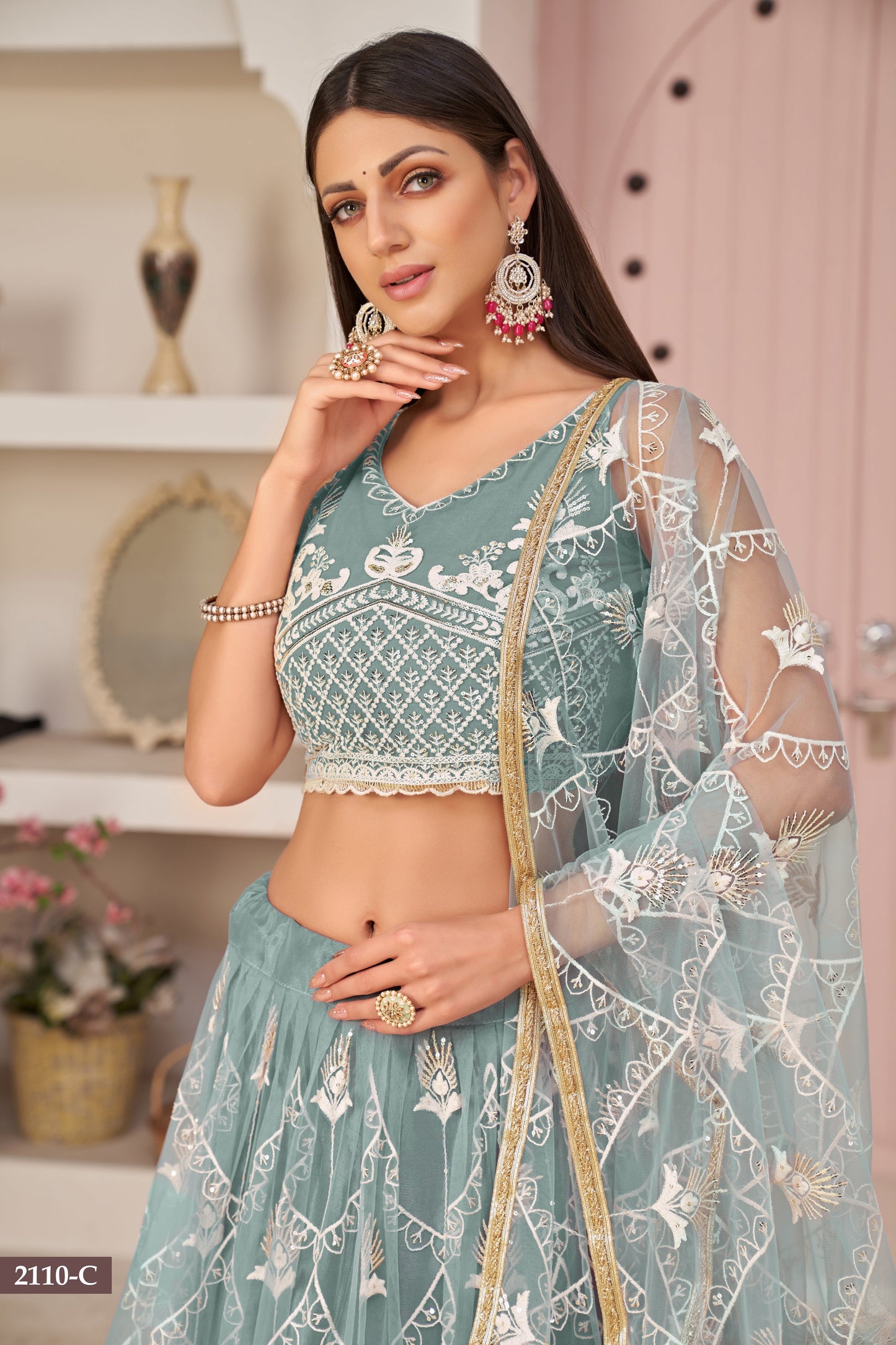 Oceanblue Women Embroidered A Line Flared Lehenga Choli Set with Dupatta