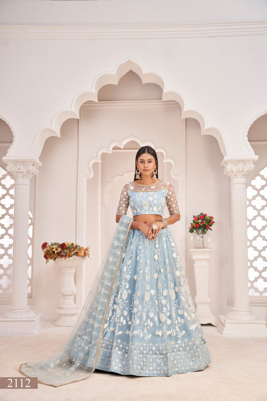 Blue White Cotton Thread And Zari Sandwich Sequence Embroidery Work With Wedding Lehenga Choli